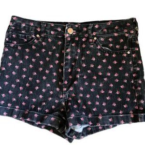 Forever 21 Rose Print Black Denim Jean Shorts Size 28 Pre-Washed